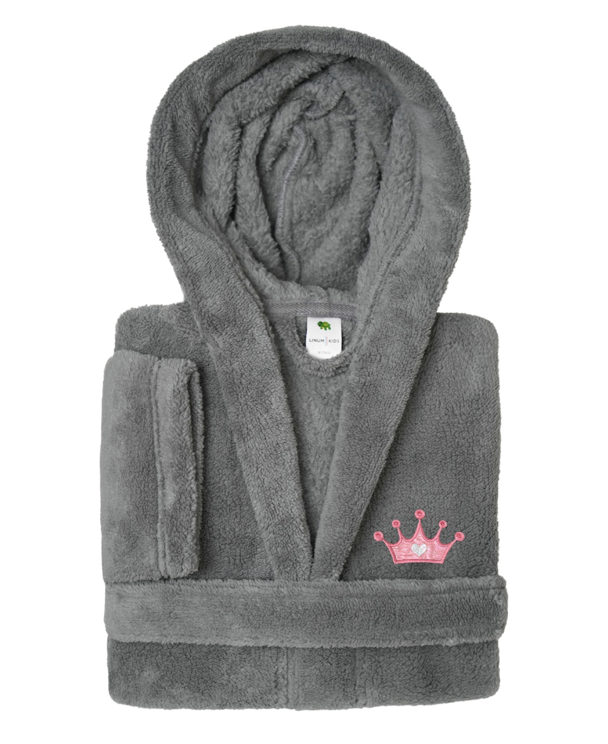 Linum Home Kids Crown Super Plush Double Brushed Hooded Bathrobe In Grey,pink