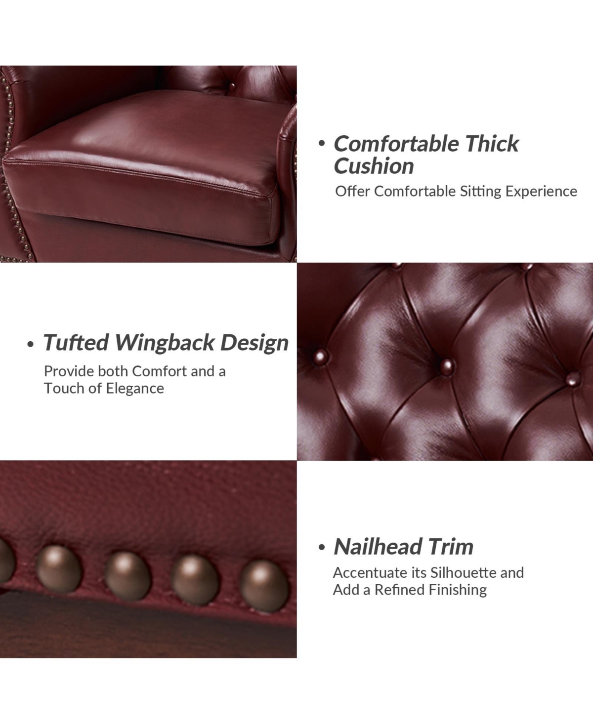 Hulala Home Eugene Traditional Genuine Leather Chair with Tufted Wing Back and Solid Wood