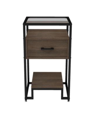 Nightstand, End Table with Storage Drawer and 3-Tier Storage & Tempered Glass Top, Bedside Furniture with Steel Frame, Side Table for Bedroom