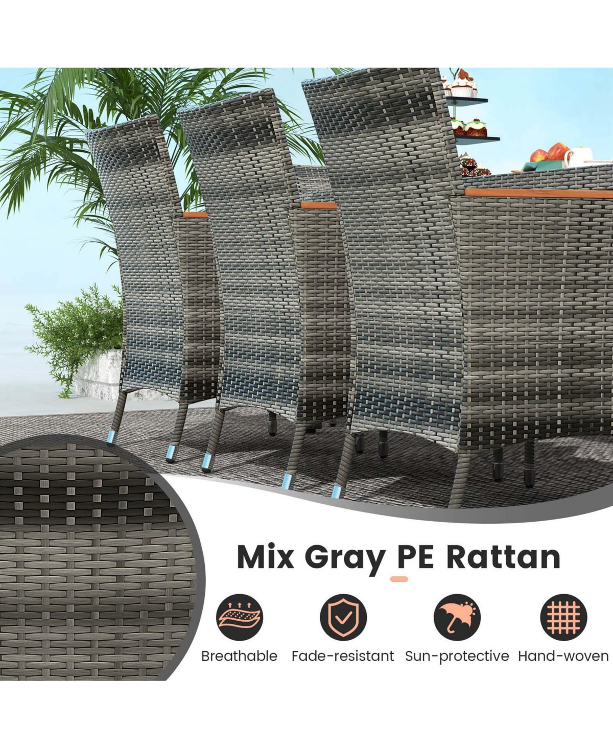 Costway 10 Pieces Patio Wicker Dining Set with Double-Sided Patio Umbrella 8 Armchairs