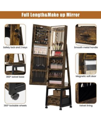 360° Swivel Jewelry Cabinet with LED Lights,Inside Makeup Mirror,Rotatable Full Length Mirror with Jewelry Storage for Bedroom