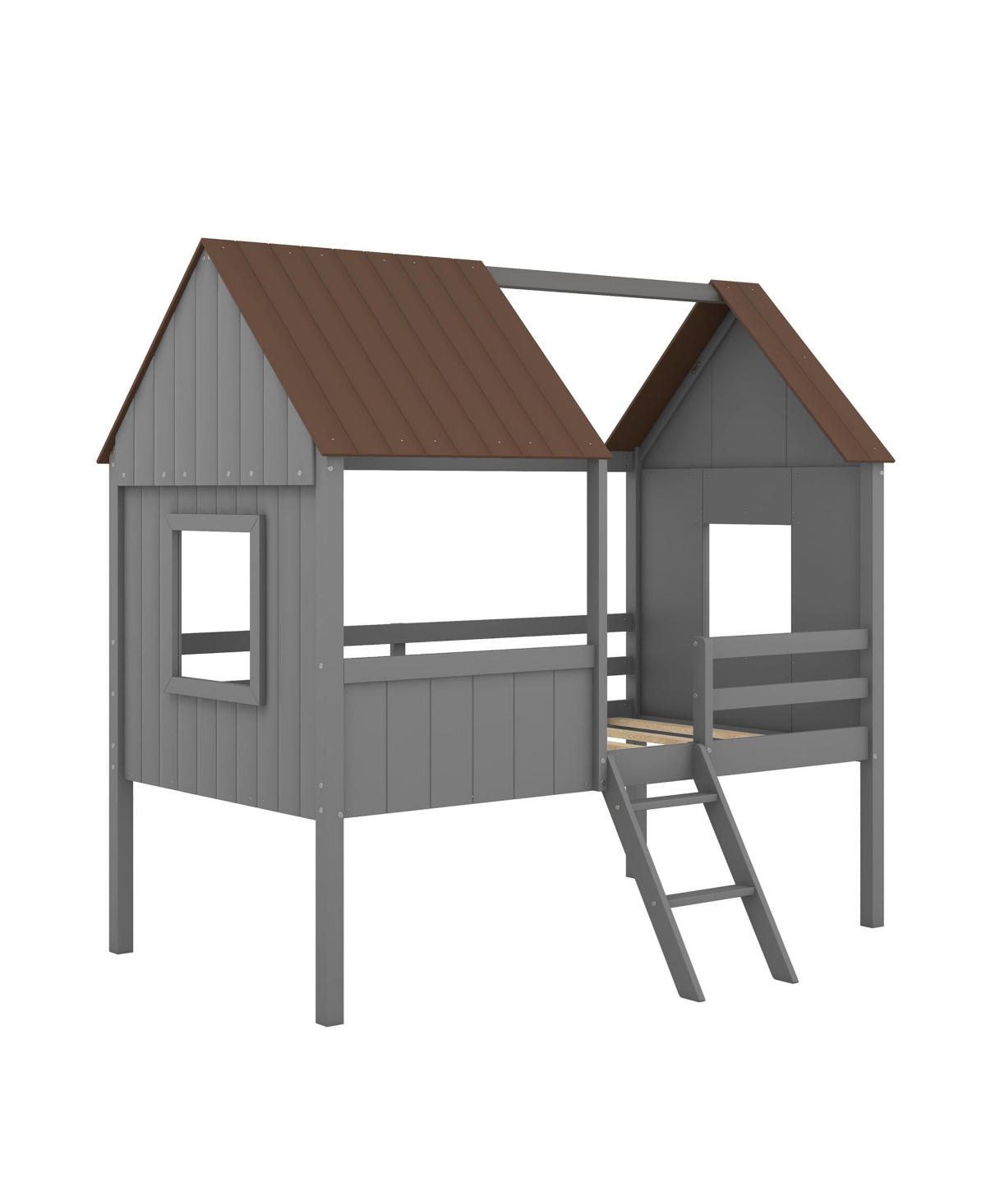 Slickblue Twin Size Low Loft Wooden House Bed with Two Side Windows for Cozy Kids' Rooms