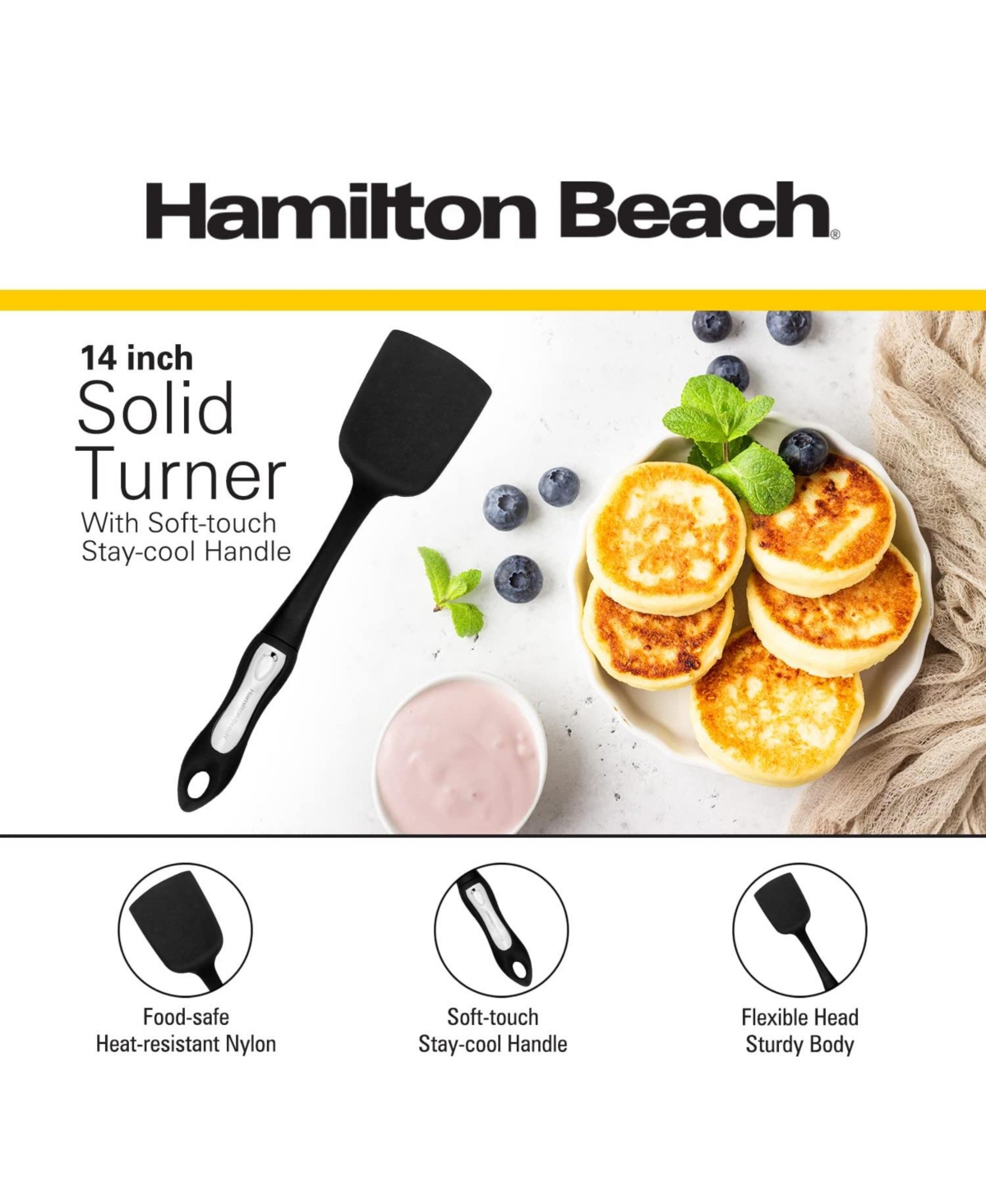 Hamilton Beach Solid Spatula Turner Hard Plastic Heat-Resistant 14in Soft-Touch Ergonomic Handle Heavy Duty, Spatulas Turner for Vegetables & Flipping