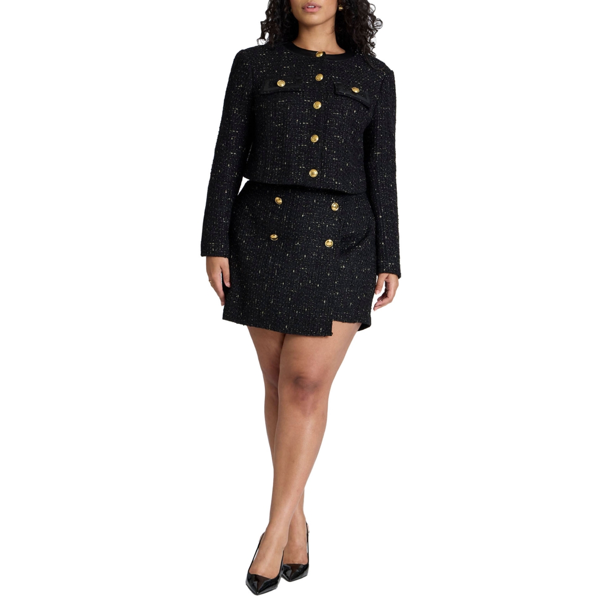 Plus Size Tweed Skort With Buttons - Black
