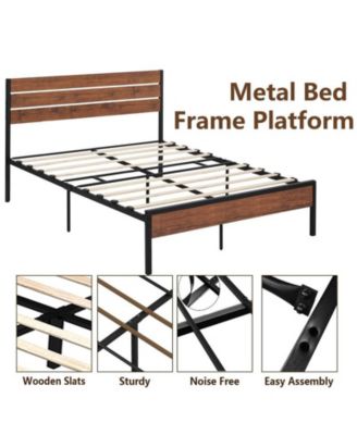 Queen Size Platform Bed Frame with Rustic Vintage Wood Headboard, Mattress Foundation Metal Slats Support, No Box Spring Needed, Brown