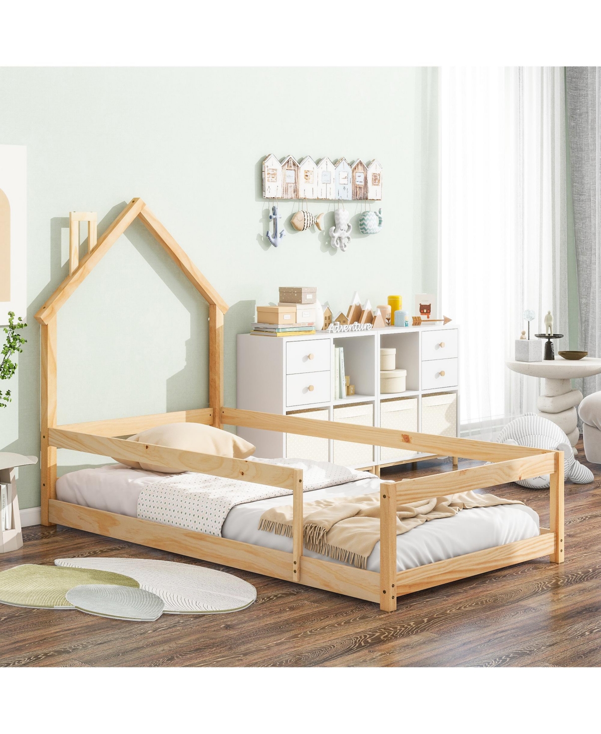 Slickblue Twin Size Wood bed with House-shaped Headboard Floor bed with Fences,Light Blue
