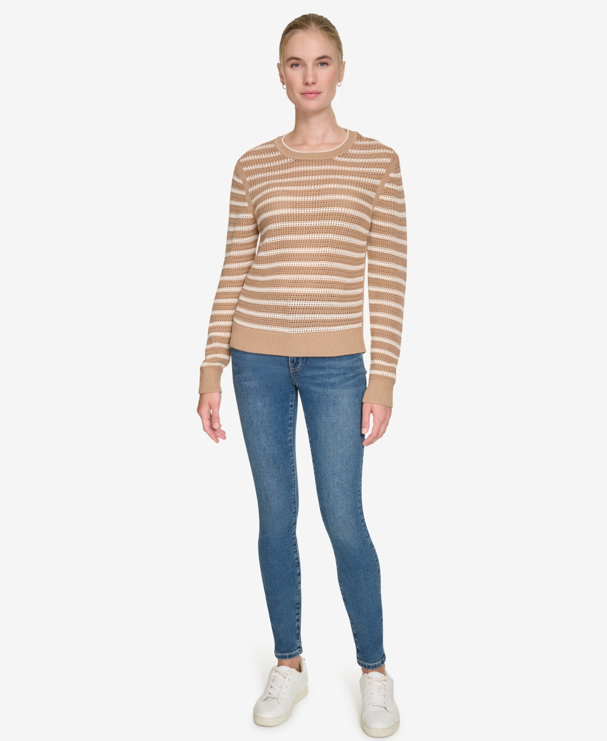 Nautica Jeans Women's Long Sleeves Pointelle Crew Neck Sweater In Camel,white Swan