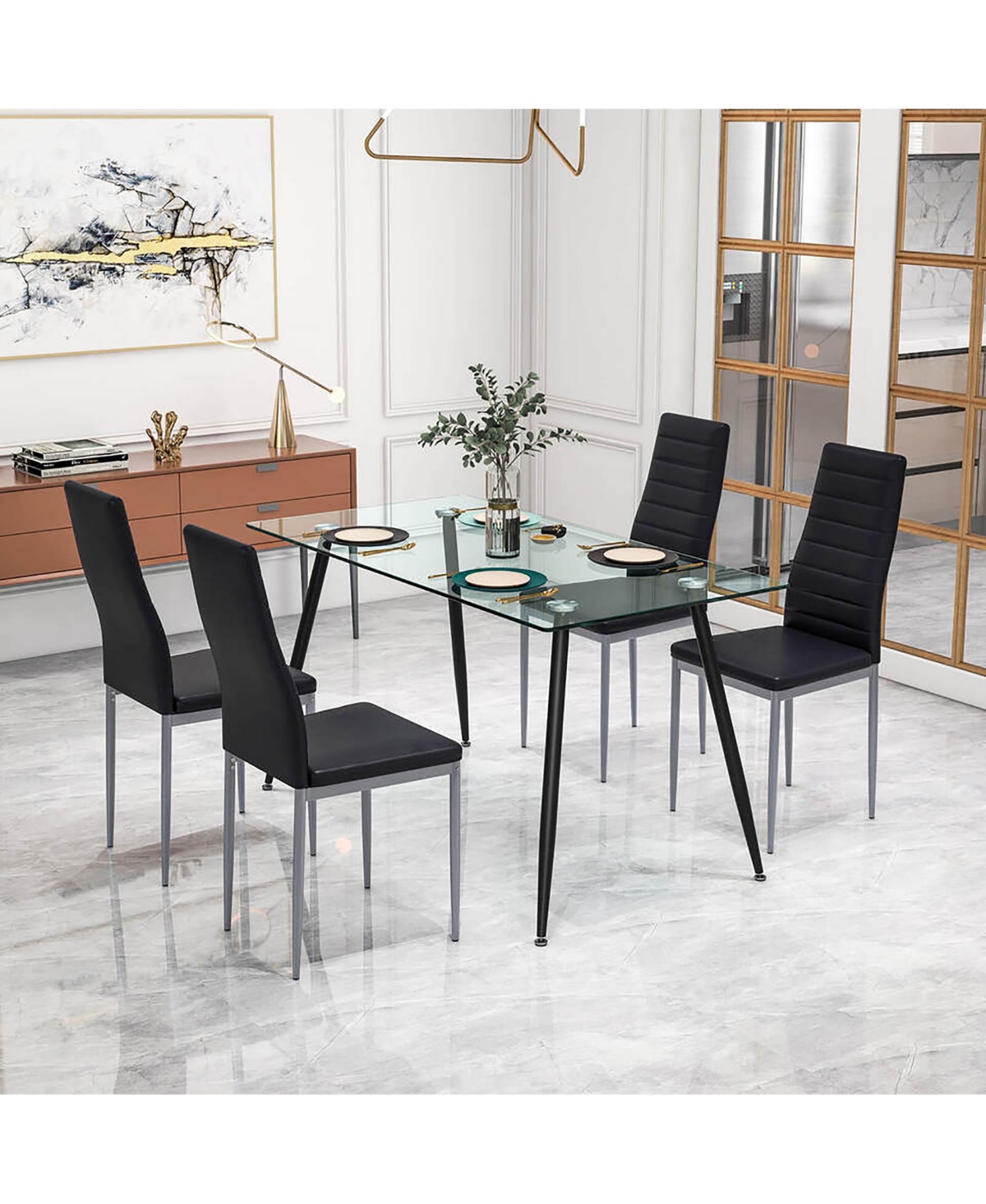 Gymax 5 Pcs 51'' Rectangle Dining Set 0.3'' Thick Glass Table w/ 4 Padded Dining Chairs - Black+silver