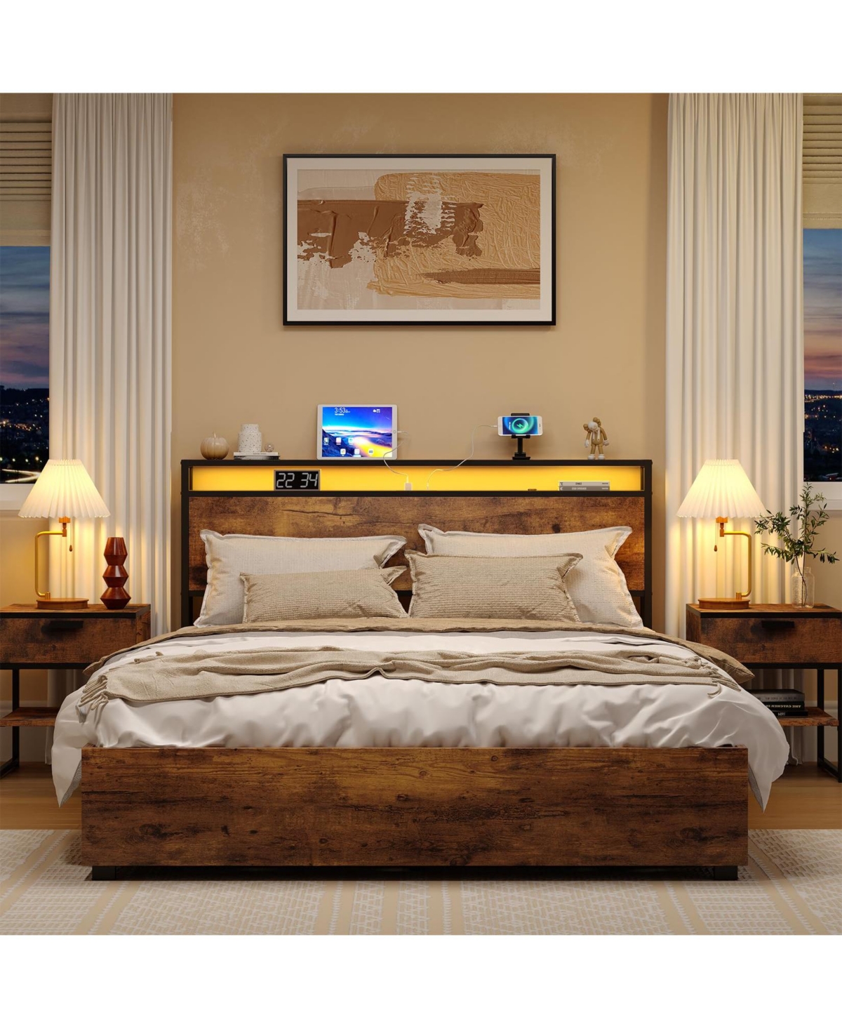 gaomon Bed Frame with Storage Headboard & 4 Drawers, Industrial Wood Platform Bed with Led Headboard and Usb Outlets, Strong Slat Support, Easy