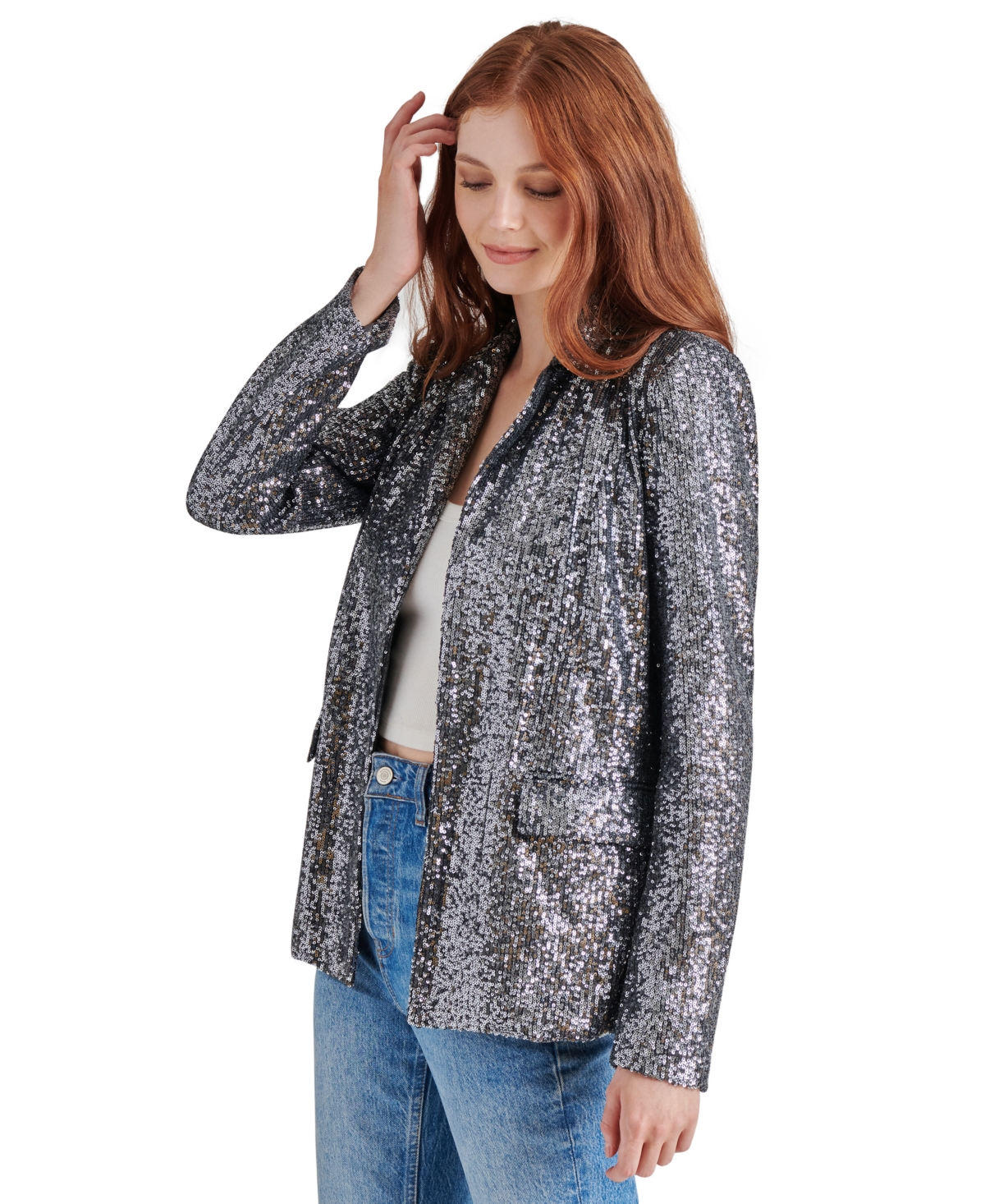 Steve Madden Payton Sequin Open Front Blazer In Silver Grey