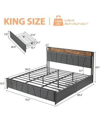 King Size Bed Frame with 2 Storage Drawers and Charging Station, Rustic Linen Upholstered Platform Bed Frame with Storage Headboard, Gray