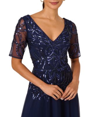 Women's Embellished Mesh V-Neck Gown