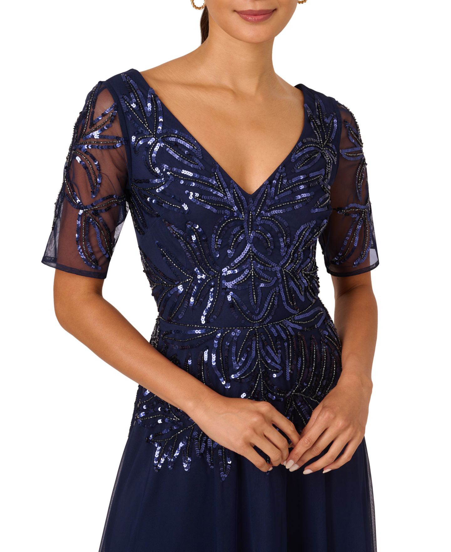Женские платья Adrianna Papell Embellished Mesh V-Neck Gown, цвет: Светлый тёмно-синий — фото 3