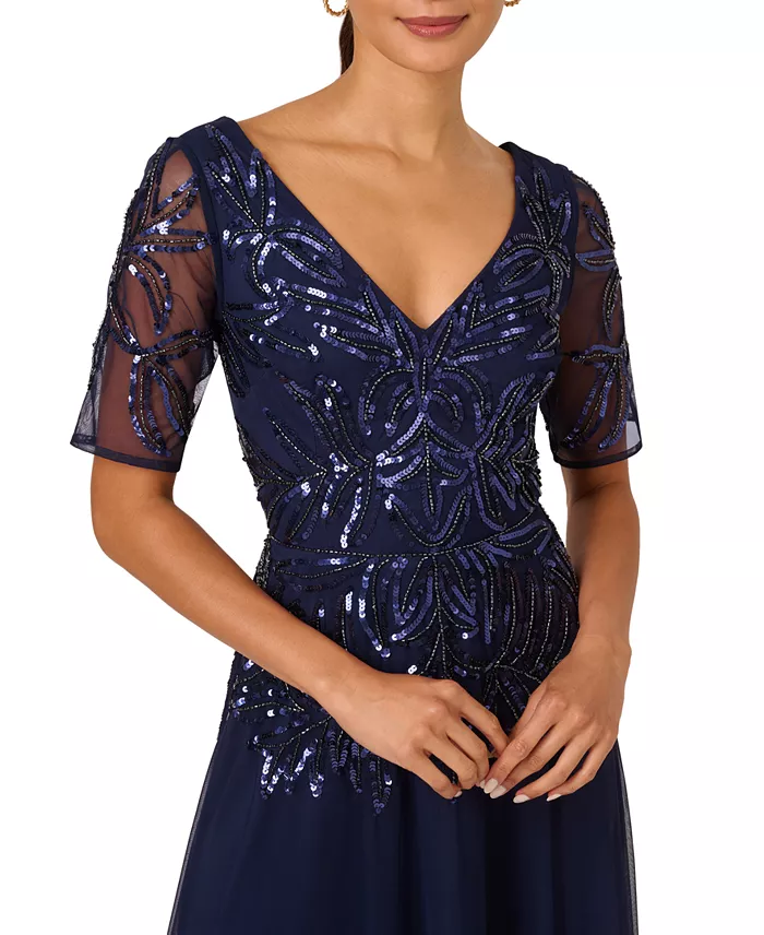 Women's Embellished Mesh V-Neck Gown - thumbnail 3