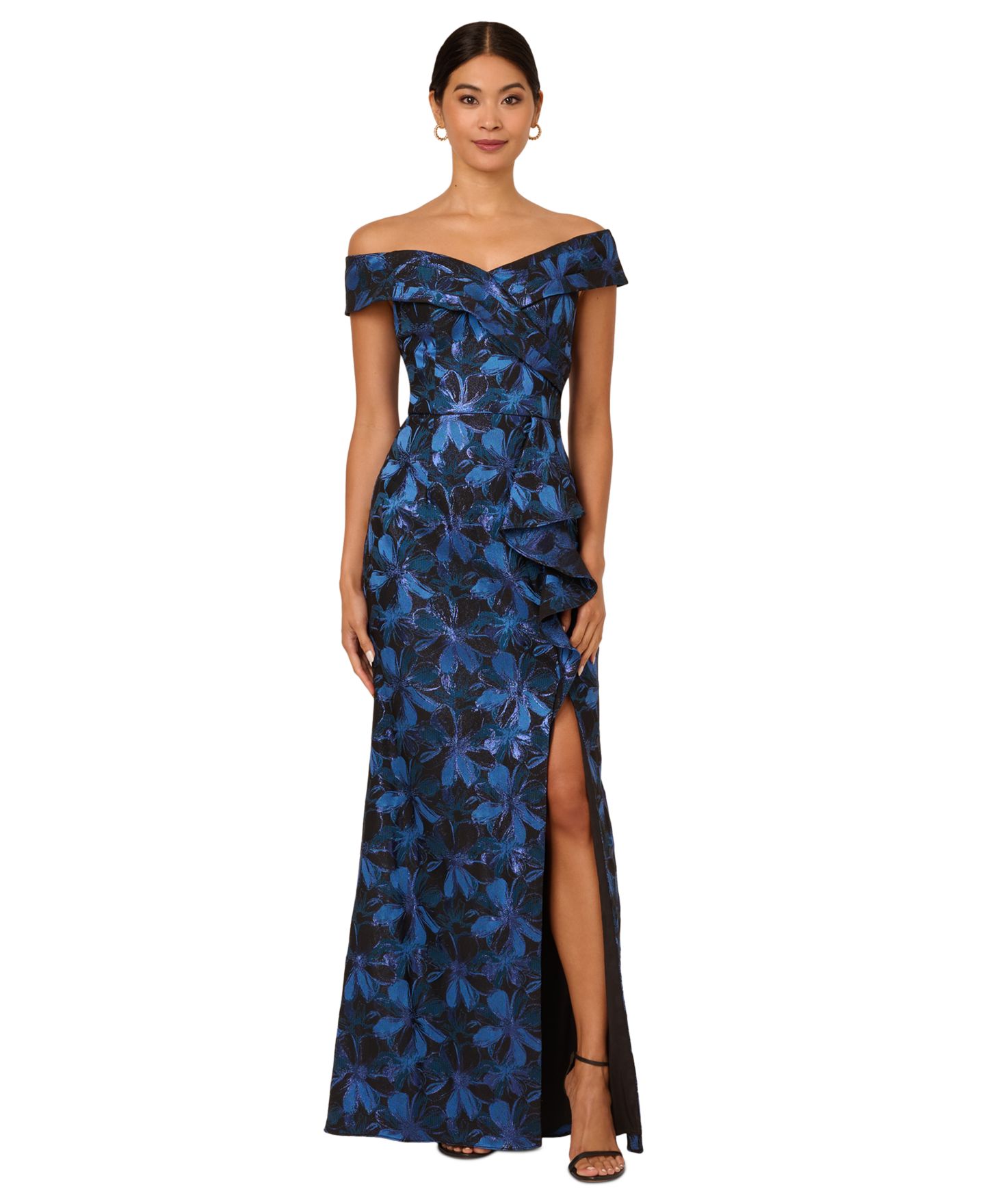 Женские платья Adrianna Papell Jacquard Off-The-Shoulder Gown, цвет: Синий разноцветный — фото 2
