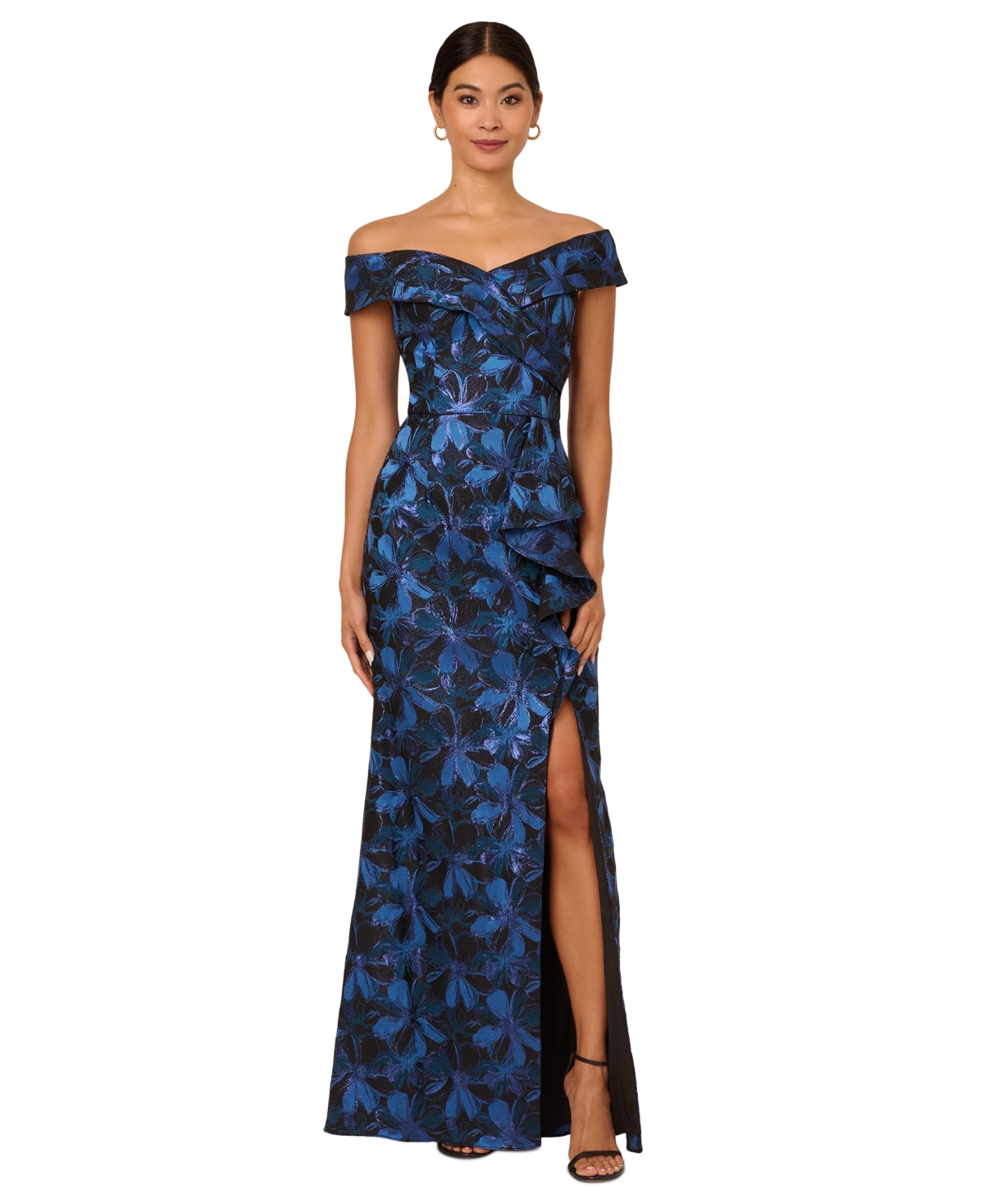 Shop Adrianna Papell Women's Jacquard Off-the-shoulder Gown In Blue Multi