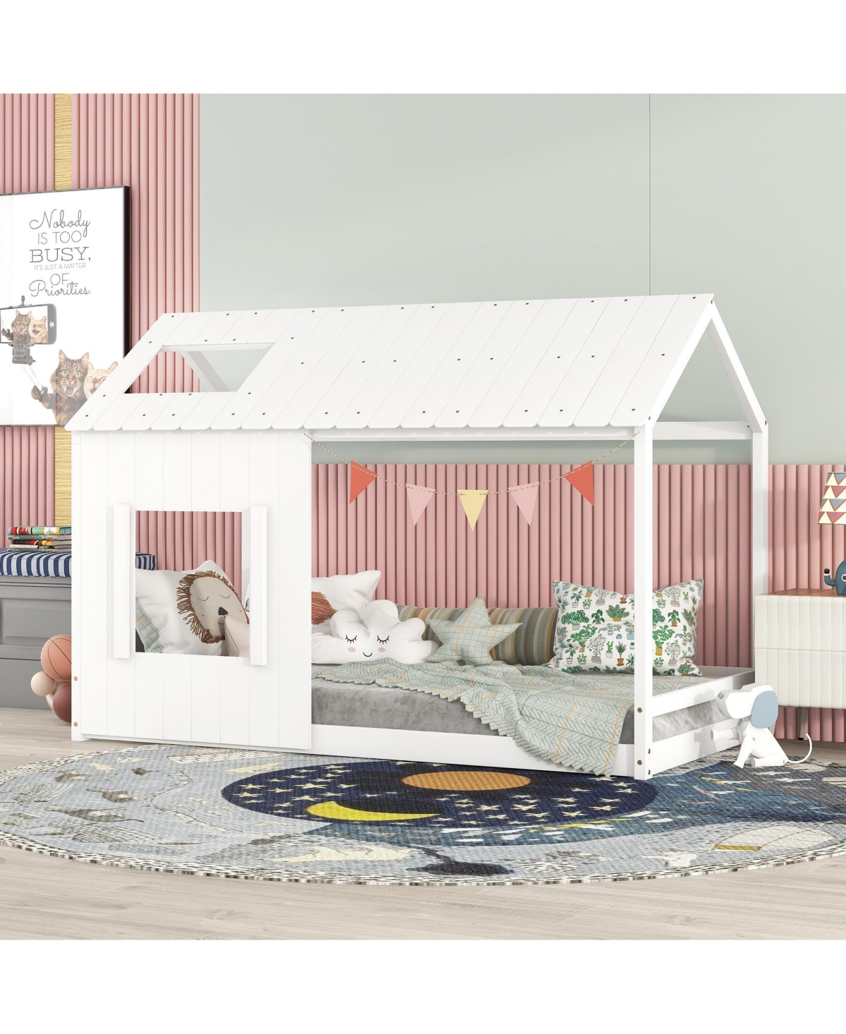 Slickblue Twin Size House Bed with Roof and Window – Charming and Playful Design for Kids' Bedrooms, Creating a Cozy and Imaginative Sleeping S