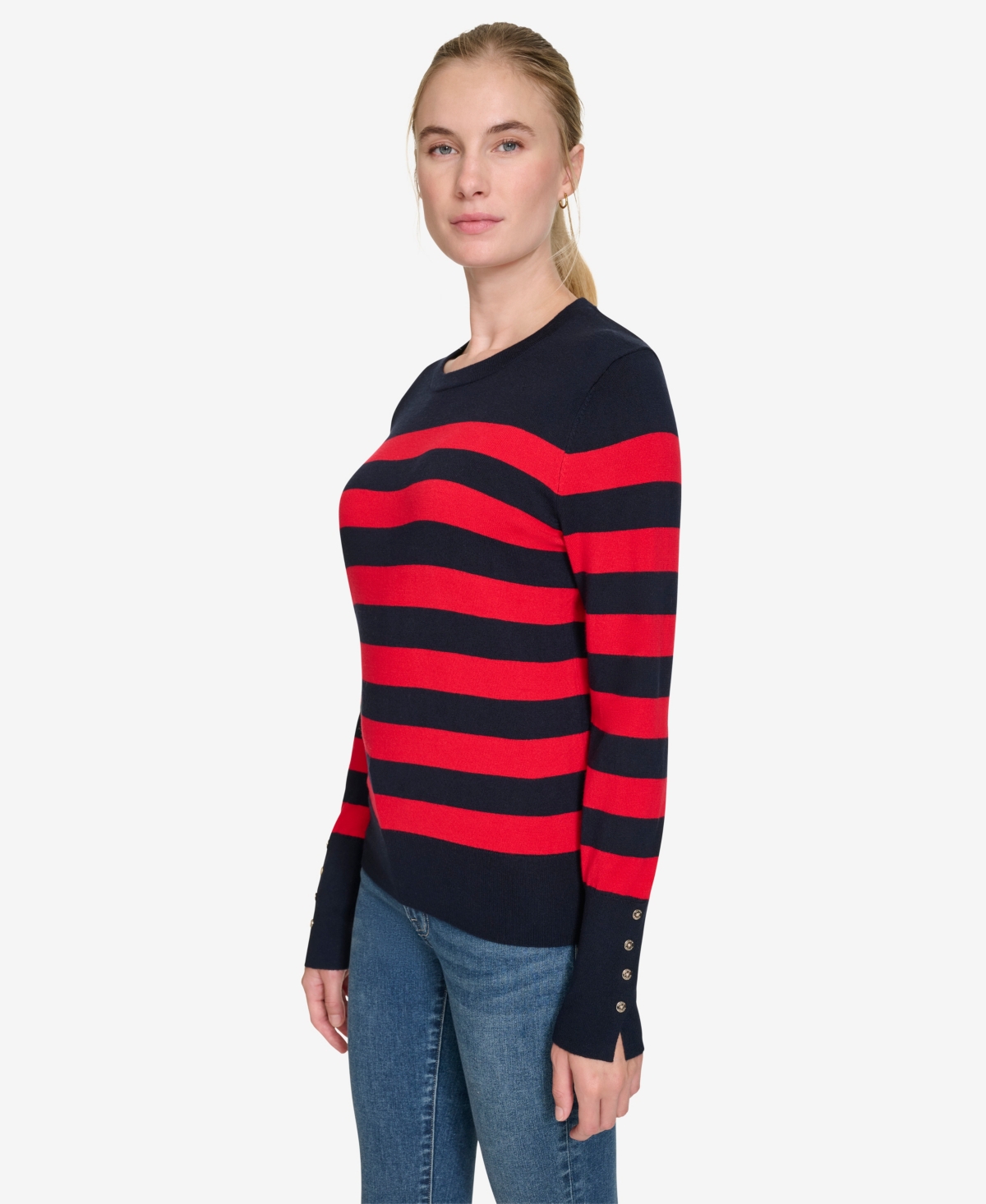 Nautica Jeans Women's Crewneck Stripe Sweater With Button Sleeve In Nigh Sky,regatta Red