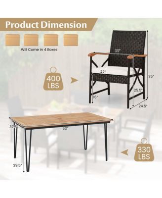 7 PCS Patio Dining Set with Acacia Wood Dining Table Rattan Armchairs Soft Cushions