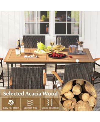 7 PCS Patio Dining Set with Acacia Wood Dining Table Rattan Armchairs Soft Cushions