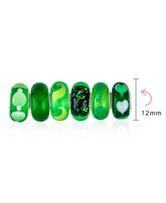 Set Of 6 Translucent Shades Of Green Swirl Floral Murano Glass Swirl Charm Bead Spacer .925 Sterling Silver Core Fits European Bracelet