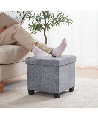 Foldable Tufted 15 Inch Square Linen Storage Ottoman with Legs