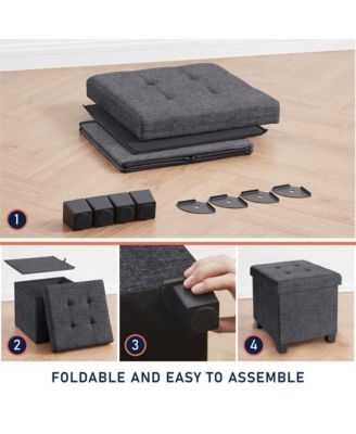 Foldable Tufted 15 Inch Square Linen Storage Ottoman with Legs