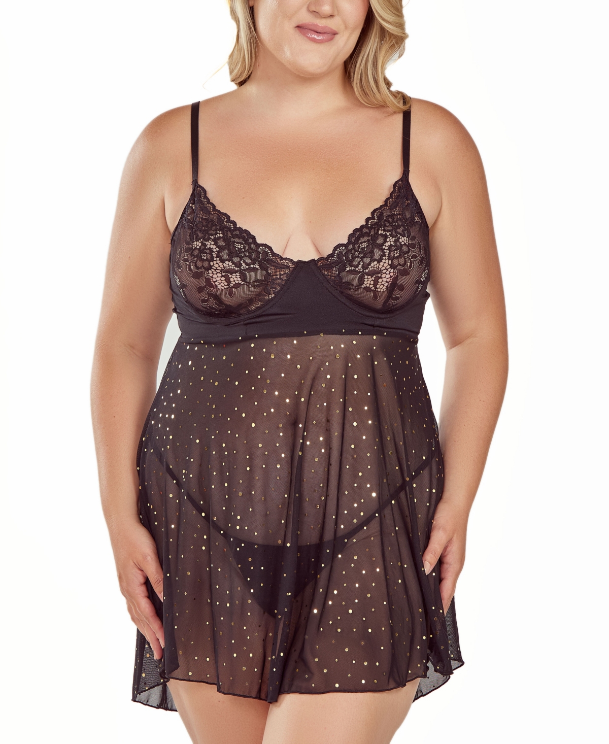 Icollection Plus Size Glitter And Lace Lingerie Set, 2-piece Set In Black