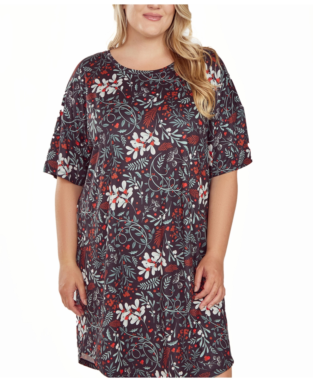 Plus Size Short Sleeve Ultra Soft Floral Print Sleepshirt Nightgown - Black