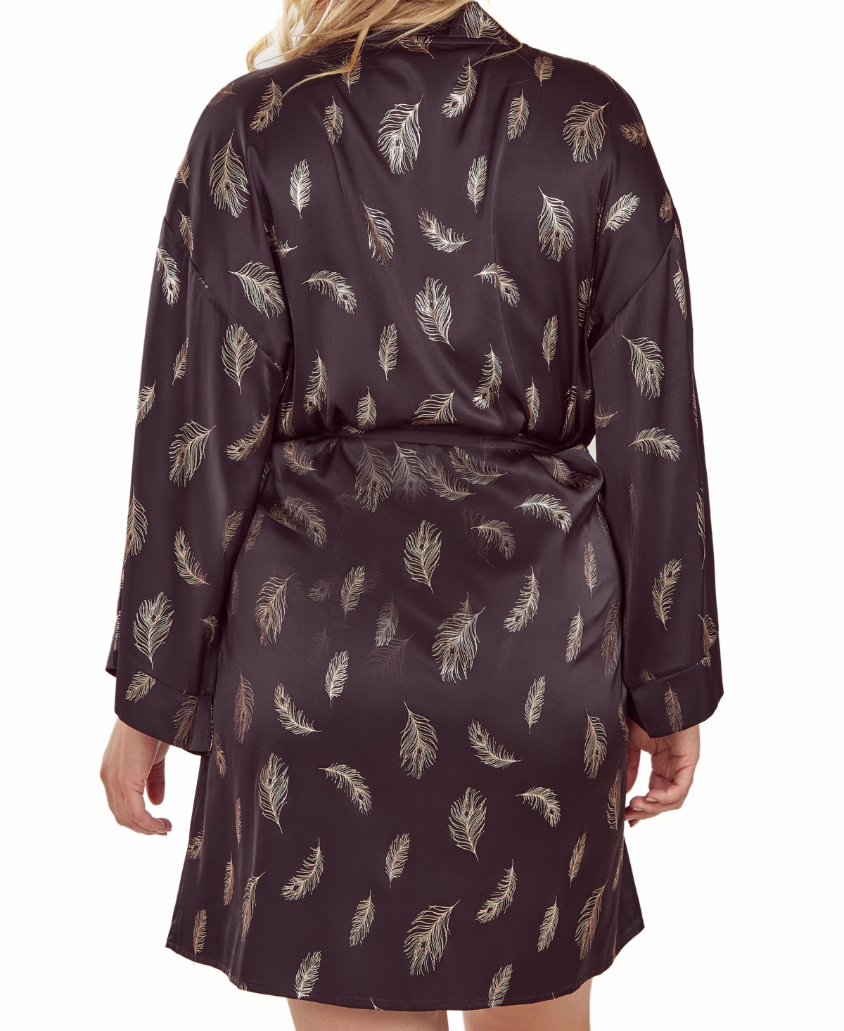 ICOLLECTION PLUS SIZE SILKY SELF TIE ROBE IN FEATHER PRINT 