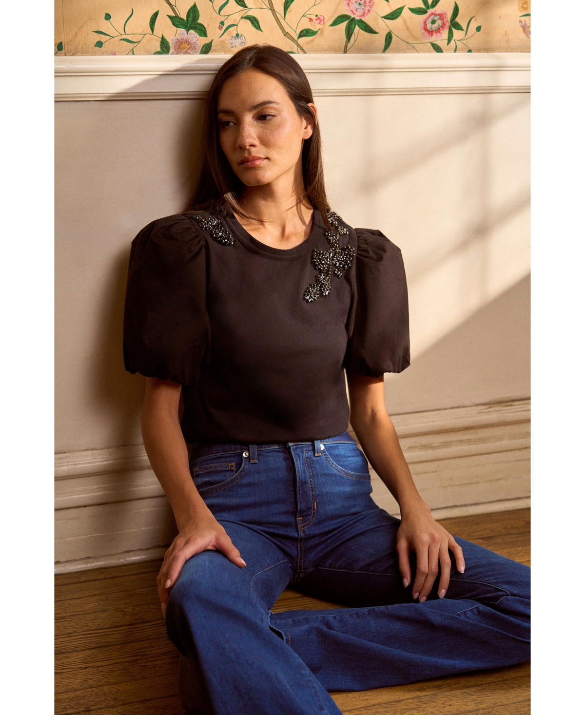 CeCe Women's Puff-Sleeve Bead-Embellished Top