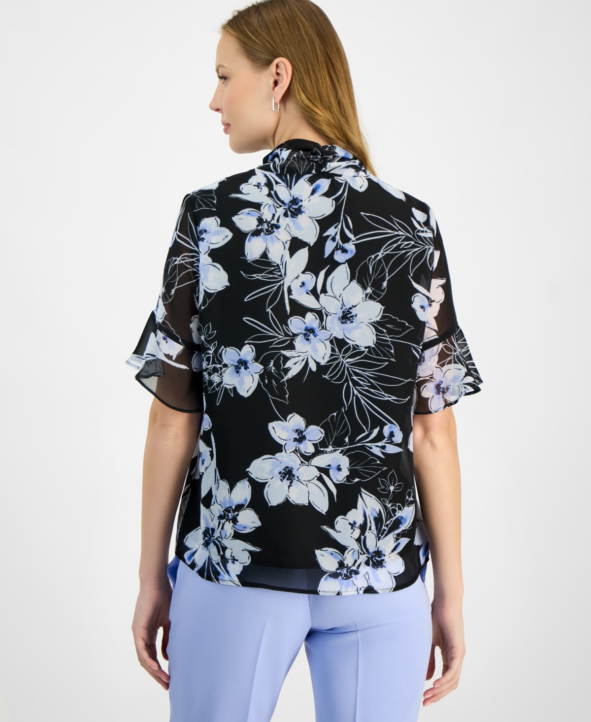 Kasper Women's Printed Tie-Front Ruffle-Sleeve Blouse
