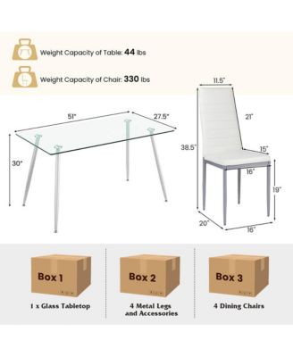 5 PCS 51'' Rectangle Dining Set 0.3'' Thick Glass Table with 4 Padded Dining Chairs