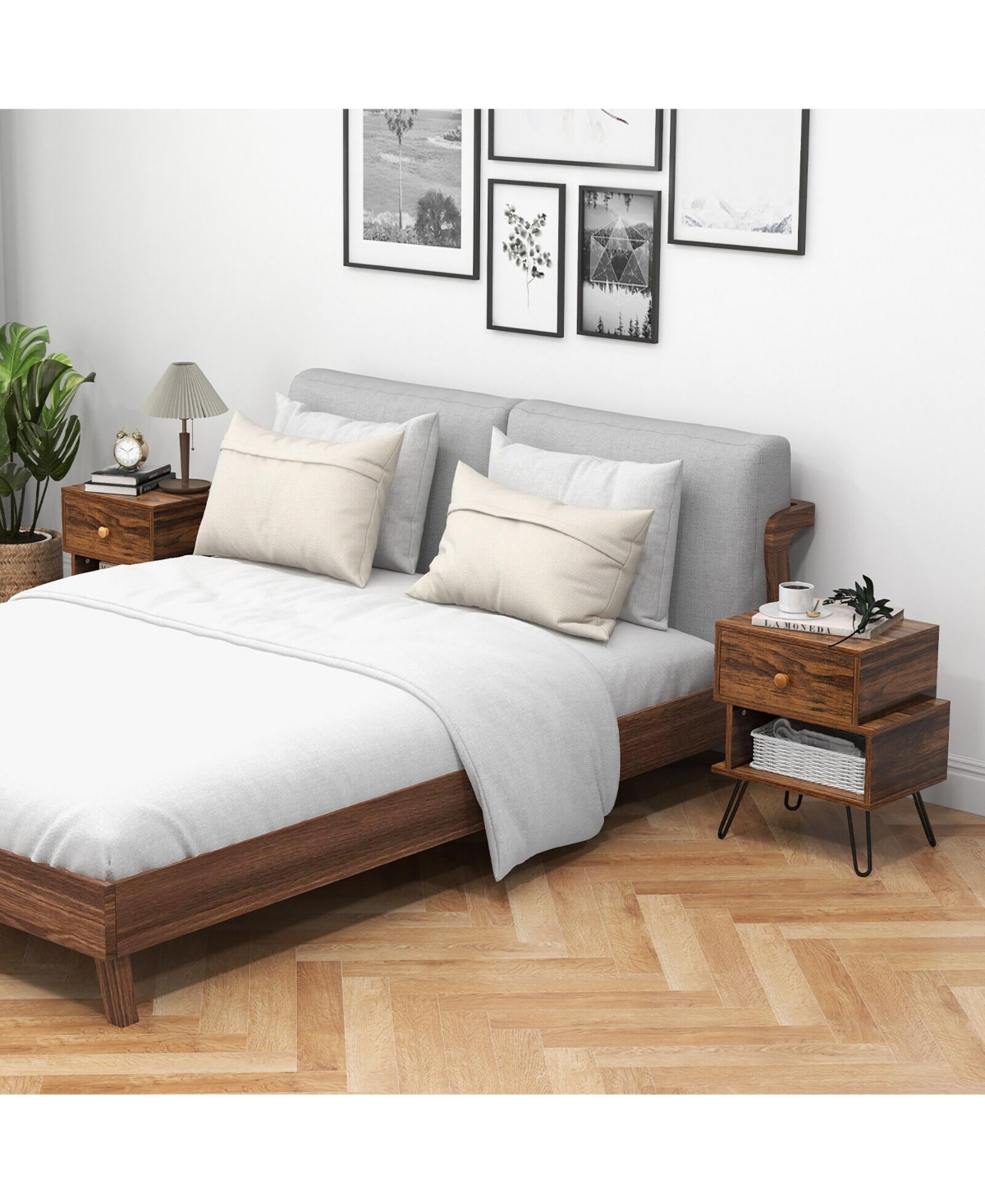 Gymax Nightstands Set of 2 w/Storage Drawer Open Shelf Mid Century End Tables- Walnut