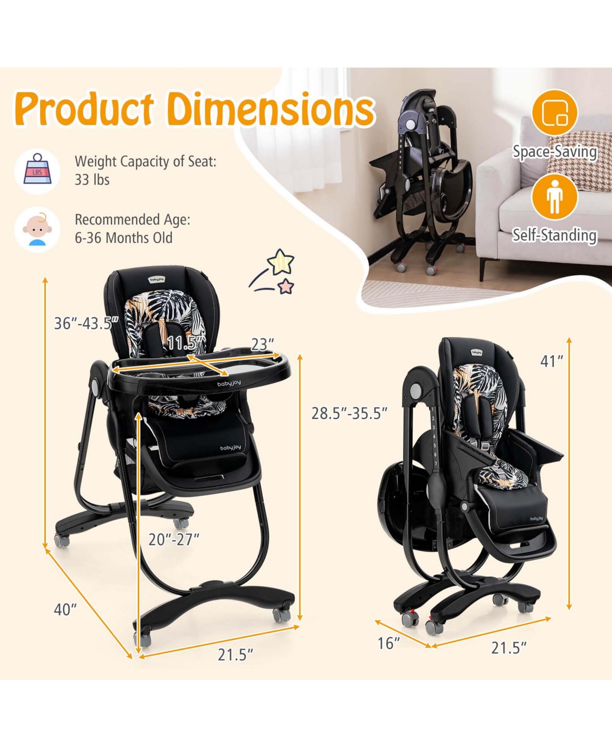 Costway High Chair for Babies & Toddlers with Rolling Wheels Adjustable Height Footrest