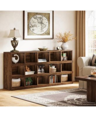 63-Inch Farmhouse Console Table, 15-Cube Narrow Entryway Table, 4-Tier Wood Behind Couch Sofa Table, All Wood Hallway Table with Storage for Entryway, Foyer, Living Room