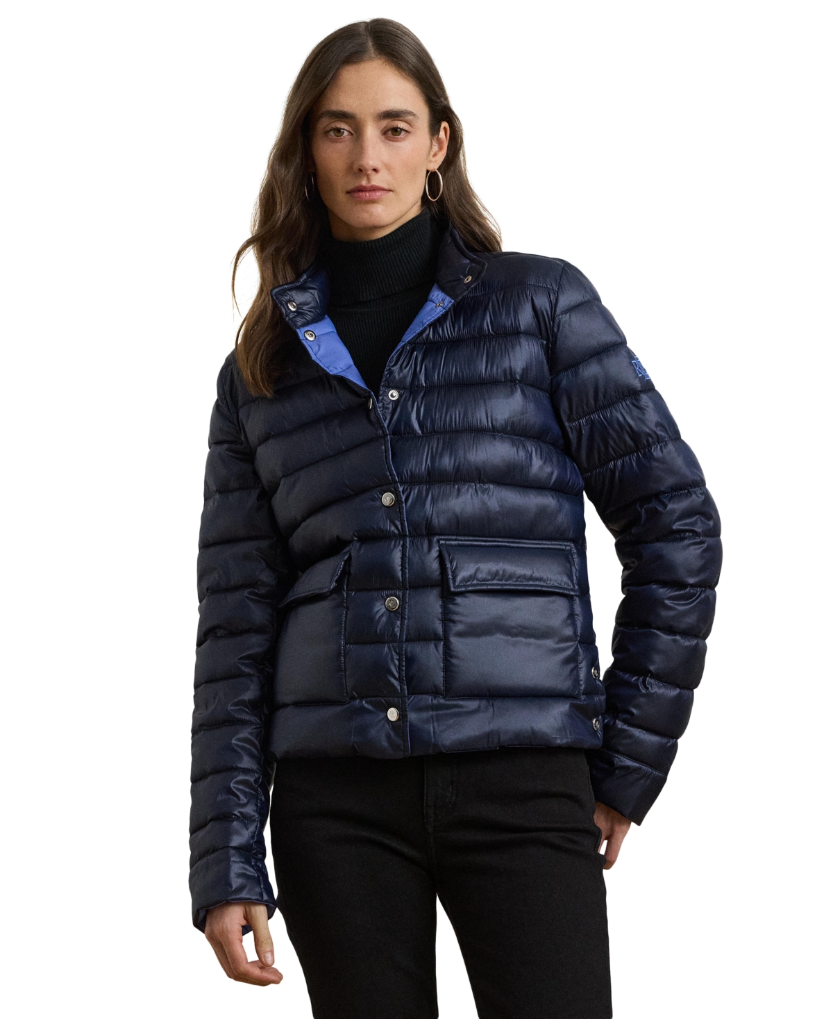 Ralph Lauren Petite Snap-front Stand-collar Packable Coat In Dark Navy