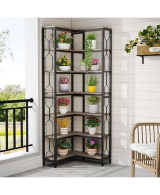 Corner Shelf, 7-Tier Industrial Corner Bookshelf, Wood and Metal Corner Etagere Bookcase, Freestanding Display Shelf for Living Room