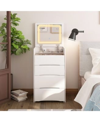 White Makeup Vanity Sets Dressing Chest with Flip-top Mirror, 3-Drawers, See-Through Glass Top, LED Lights and Stool