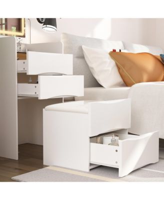 White Makeup Vanity Sets Dressing Chest with Flip-top Mirror, 3-Drawers, See-Through Glass Top, LED Lights and Stool