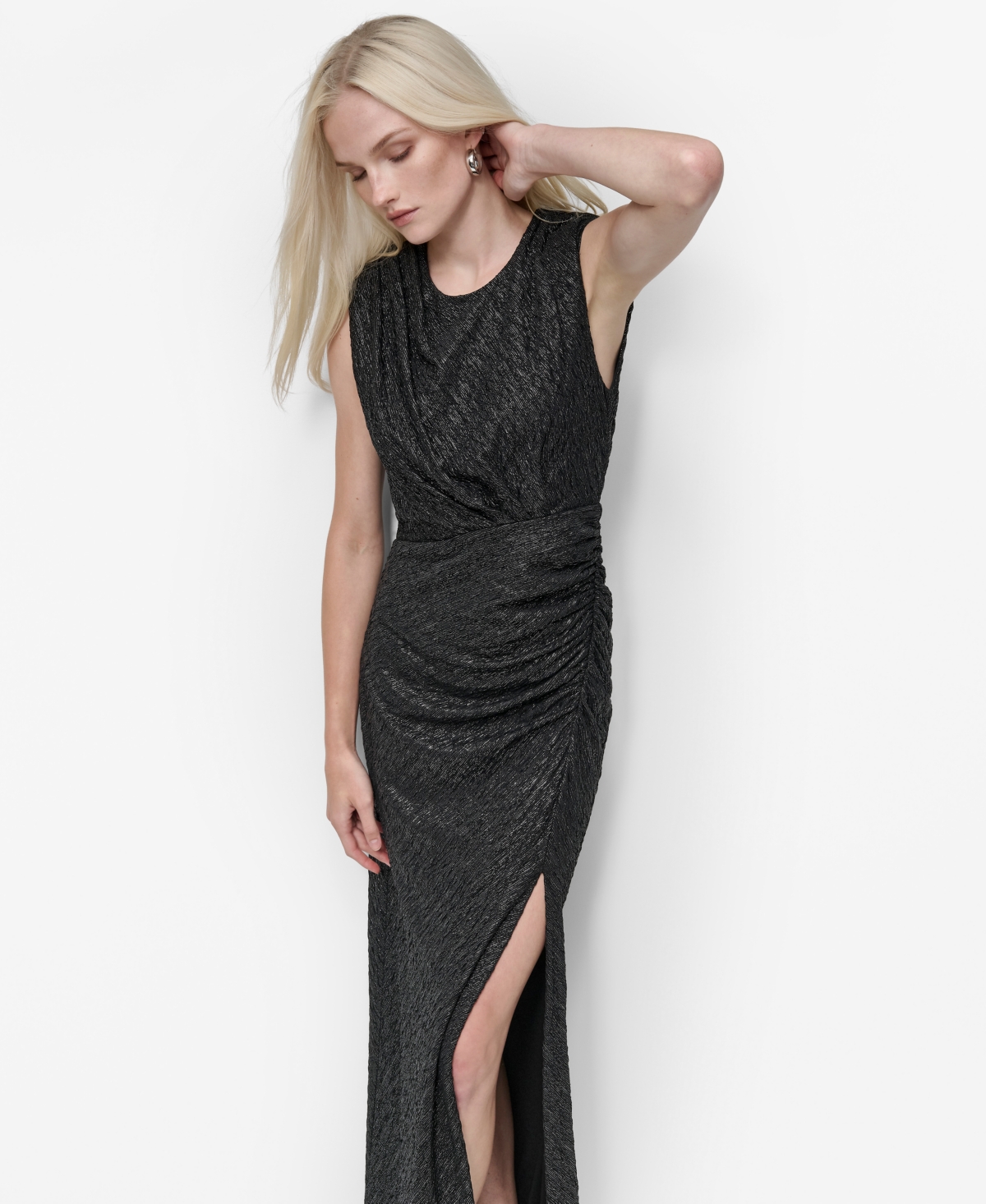 DKNY WOMEN'S GATHERED-HIP HIGH-SLIT METALLIC-THREADED GOWN 