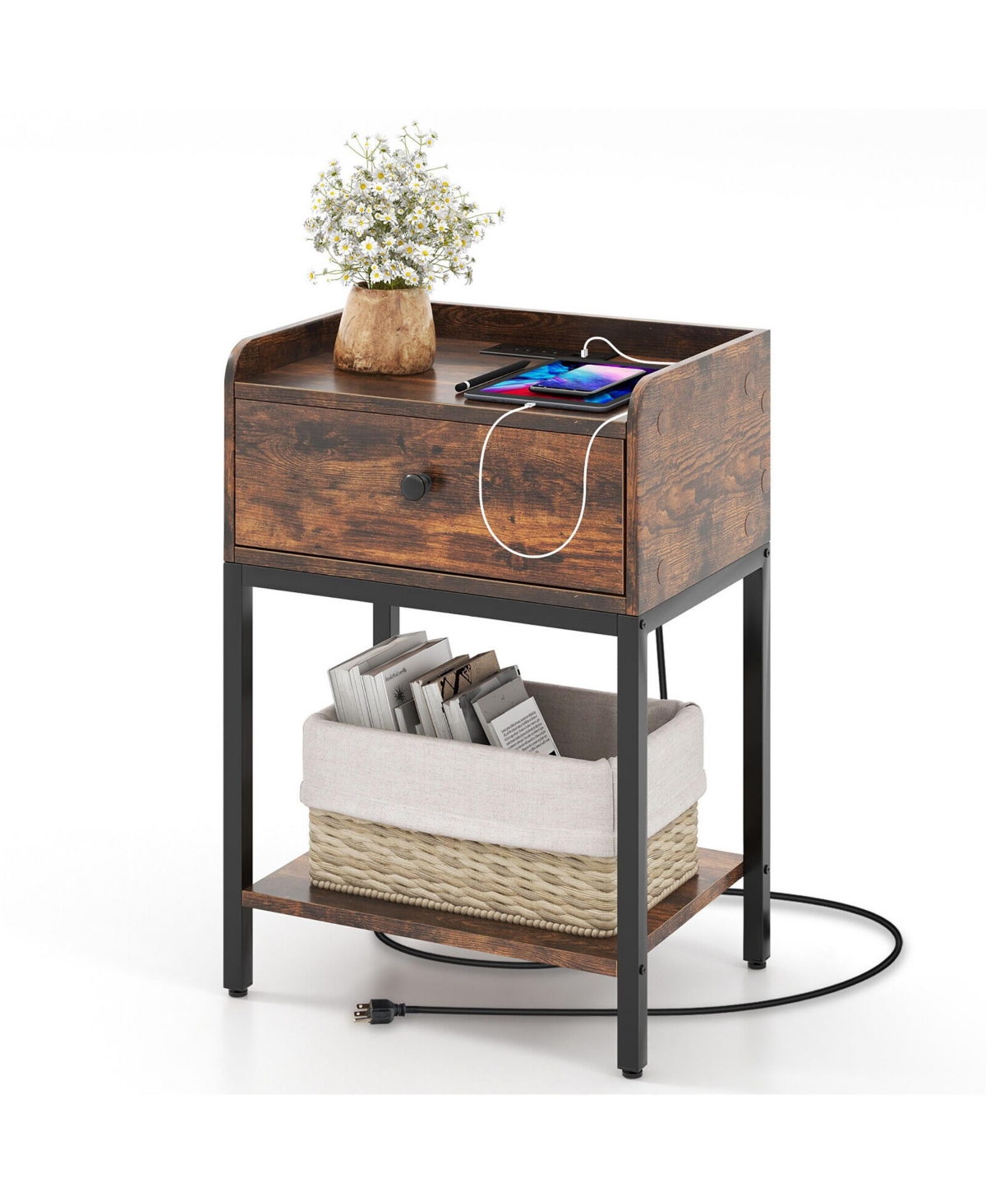 Gymax Nightstand Side End Table w/ Charging Station Drawer Open Shelf for Space - Rustic brown+black