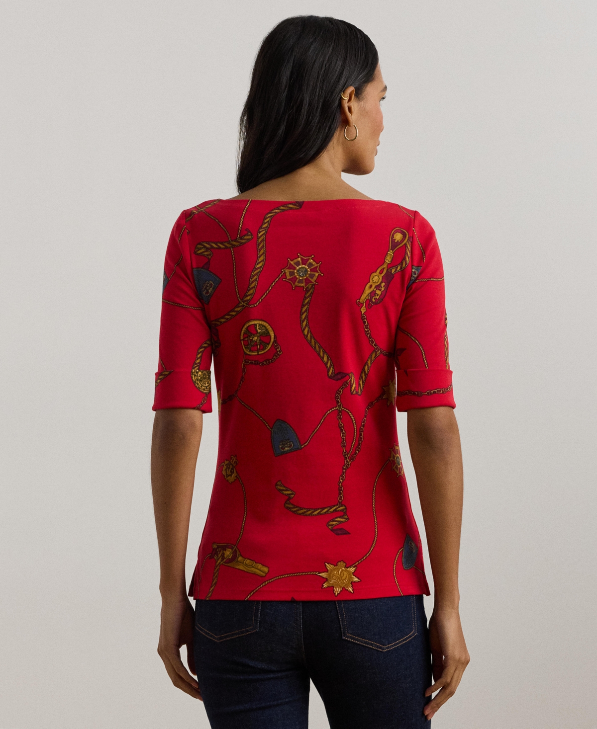Lauren Ralph Lauren Women's Print Stretch Cotton Boatneck Tee, Regular & Petite