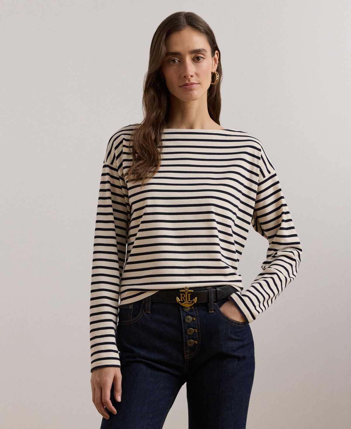 Lauren Ralph Lauren Women's Striped Cotton Jersey Boatneck Top -lauren Navy