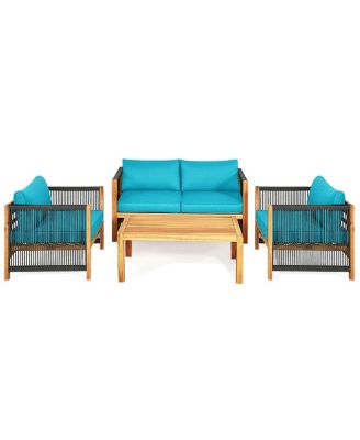 4 Pieces Acacia Wood Sofa Set with Cushions for Outdoor Patio-Blue