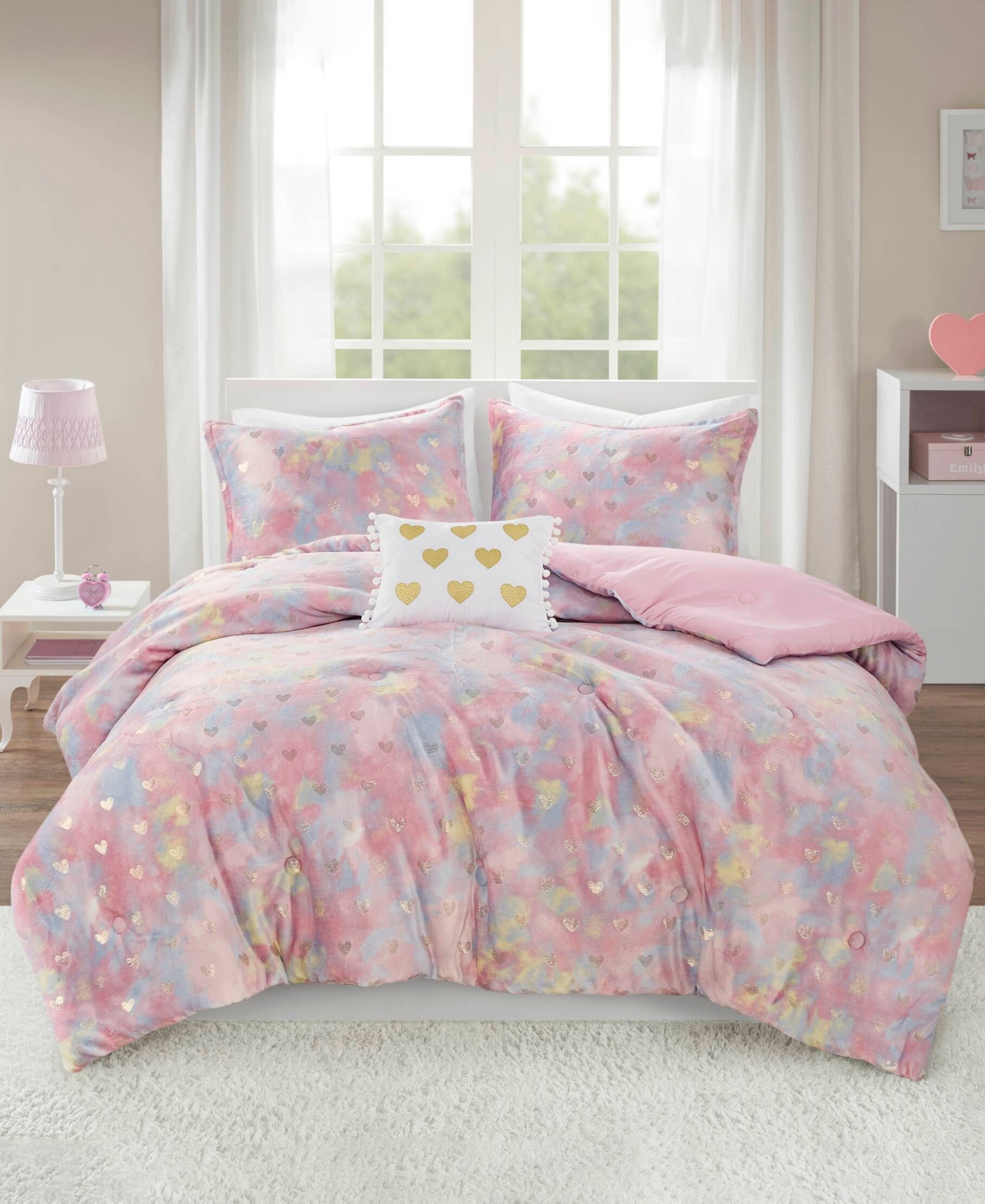 Mi Zone Rosalie Metallic Heart 4-pc. Comforter Set, Full/queen In Pink Multi,gold