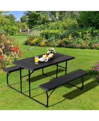 Folding Picnic Black Table Bench Set with Wood-like Texture