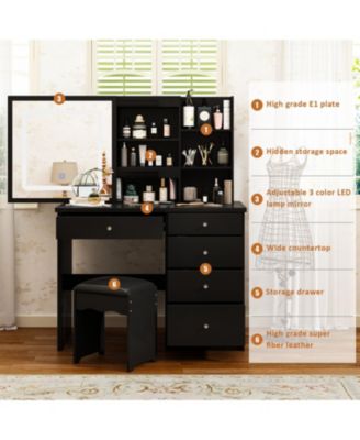 5-Drawers Black Wood LED Push-Pull Mirror Makeup Vanity Sets Dressing Table Sets with Stool and 3-Tier Storage Shelves