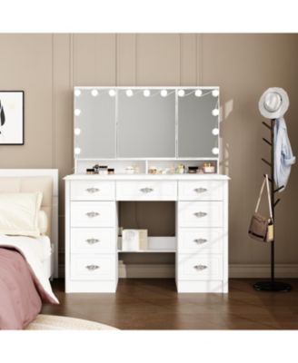 White Makeup Vanity Table Dressing Desk W/3-Mirrors,Lighted Mirror, Drawers, Hidden Storage Shelves Carved Metal Handles