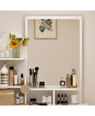 5-Drawers White Makeup Vanity Table Wooden Dressing Desk With Mirror and 3-Tier Storage Shelves
